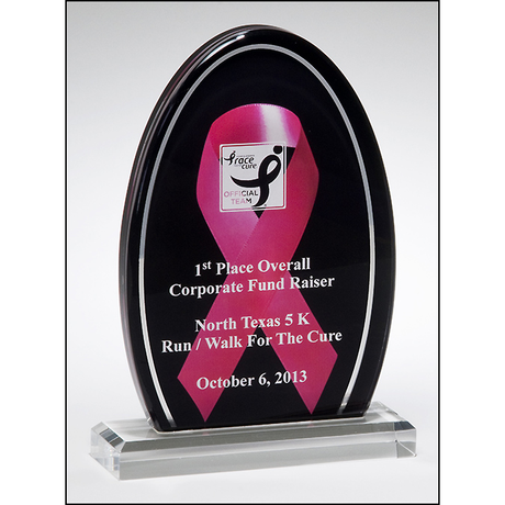 Breast cancer awareness acrylic. Pink ribbon against a black background with a mirror silver border.
