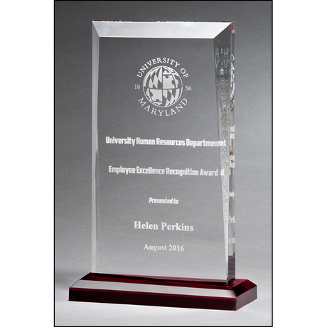 Apex Series clear acrylic award with red highlights and red base.