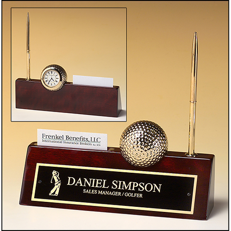 Rosewood piano finish nameplate with pen, business card holder, and goldtone metal golf ball / clock.