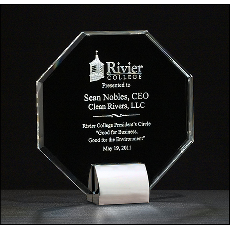 Octagon Series Crystal award with chrome-plated metal base.