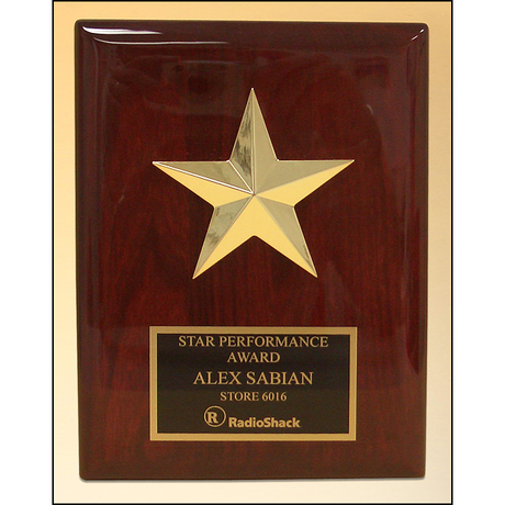 Star casting with gabled points Goldtone finish on rosewood piano-finish plaque.