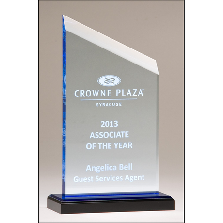 Zenith Series acrylic award. Clear upright with blue accents, black acrylic base with blue mirror top.