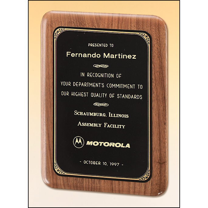 Solid American walnut plaque with a precision elliptical edge and a black or brushed brass plate with printed border.