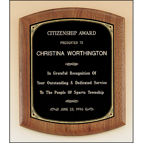 Solid American walnut plaque with a black brass plate with printed border.