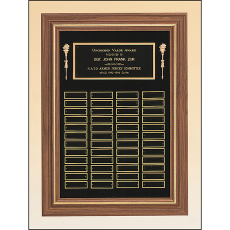 Perpetual plaque with 3 plate combinations and a solid American walnut frame on a black velour background.