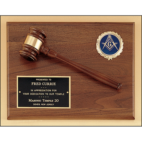 American walnut plaque with walnut gavel and activity insert.