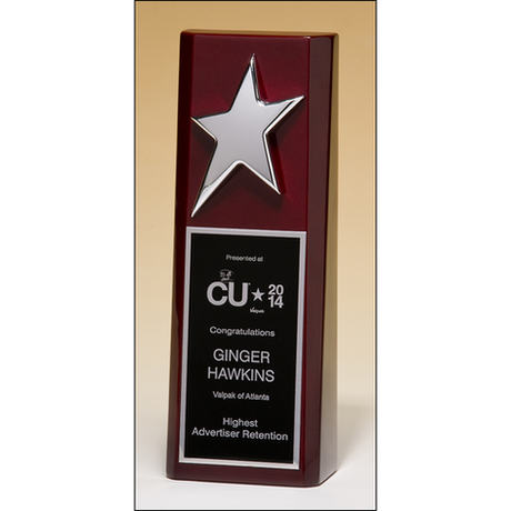 High gloss rosewood stained trophy with silver star.