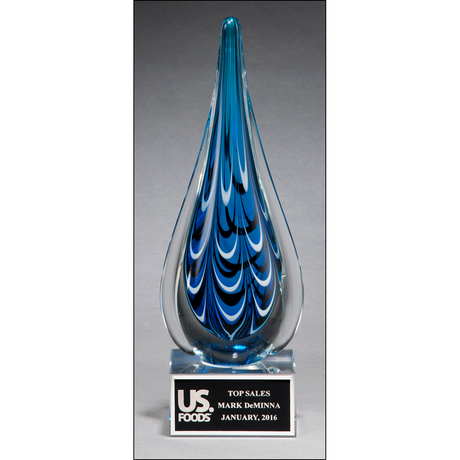 Blue and black teardrop shaped art glass award.
