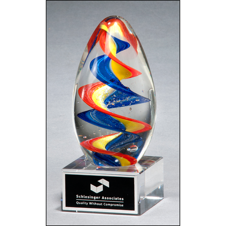 Colorful egg-shaped art glass award with clear base.