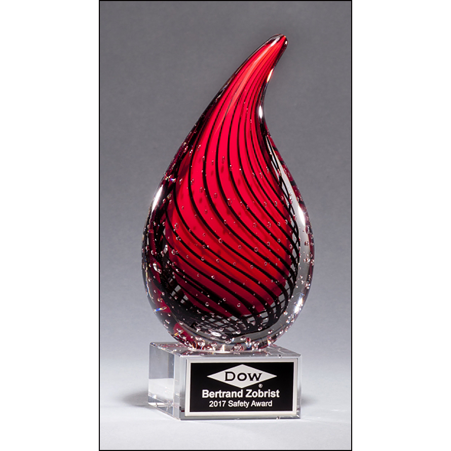 Droplet-Shaped Art Glass Award on Clear Glass Base.