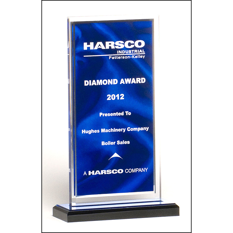 Clear acrylic award with blue or red draped satin pattern and silver mirror border on a black acrylic base with blue or red mirror top.