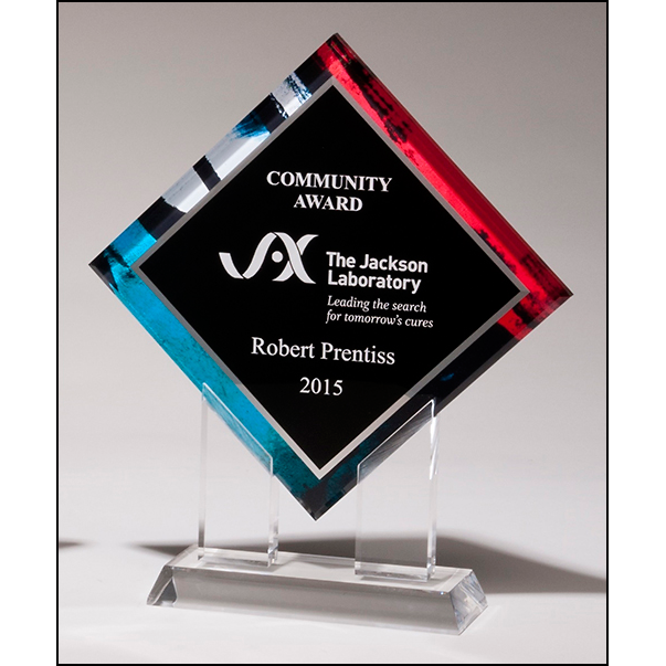 Diamond Series acrylic printed stained glass pattern border, silver mirror highlights with black center and clear acrylic stand.