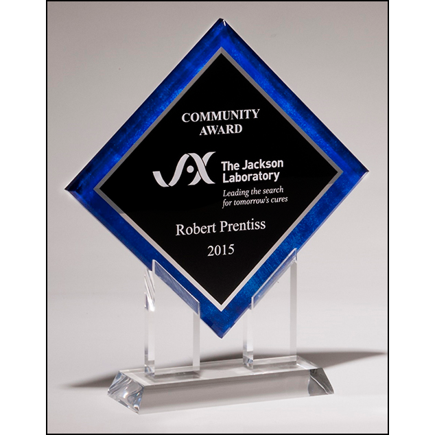 Diamond Series acrylic printed blue border, silver mirror highlights with black center and clear acrylic stand.