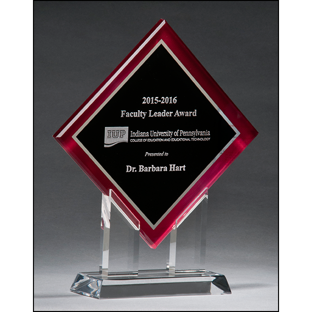 Diamond Series acrylic printed red border, silver mirror highlights with black center and clear acrylic stand
