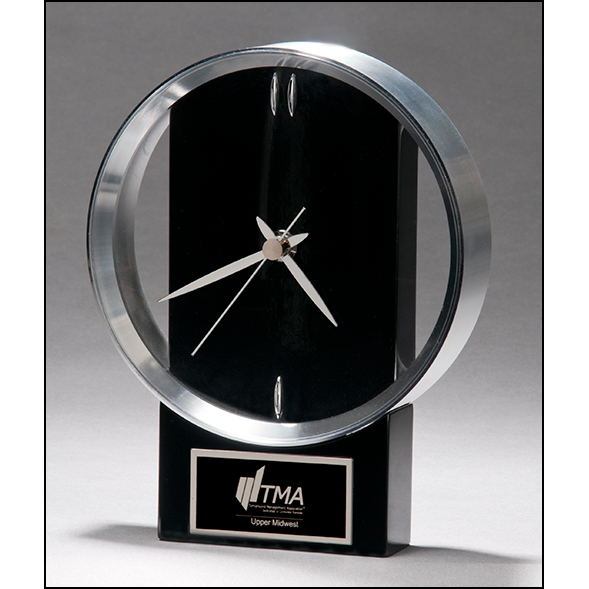Modern Design Clock brushed silver bezel on black high gloss base.