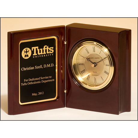 High gloss rosewood piano-finish book clock with diamond-spun dial and three hand movement.