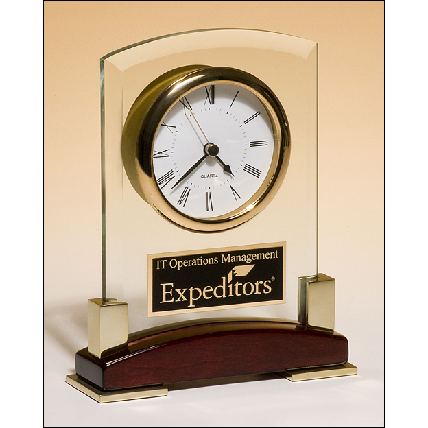 Beveled glass desktop clock, rosewood piano-finish base with gold metal accents.