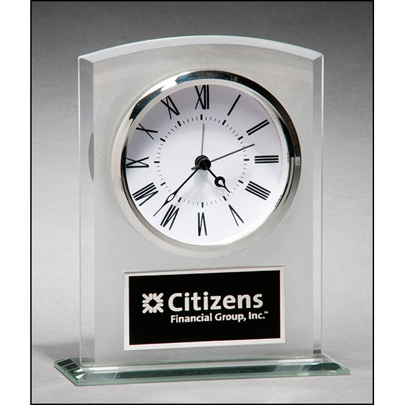 Glass clock with frosted top polished edges and base.