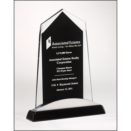 Apex Series glass award black piano-finish base with silver aluminum accent.