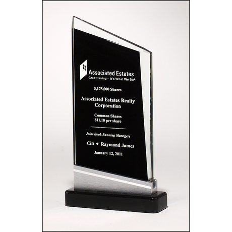 Zenith Series glass award black piano-finish base with silver aluminum accent.