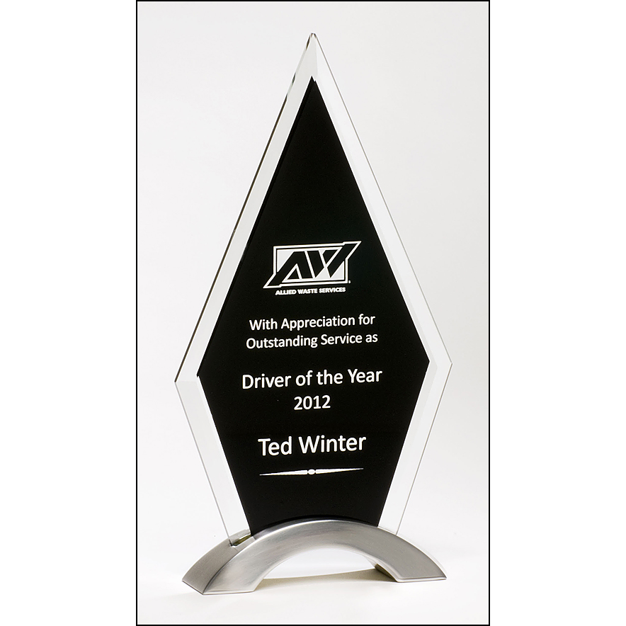 Diamond Series Award featuring a beveled glass upright on a brushed silver aluminum base.