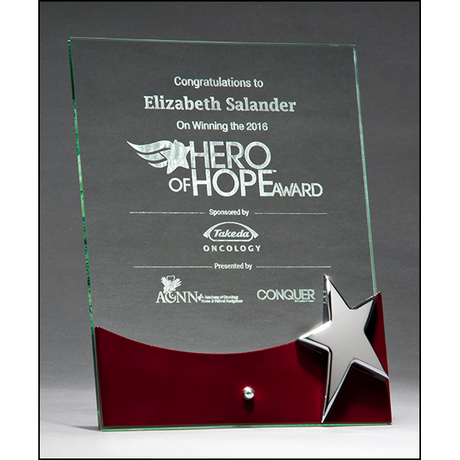 Free standing glass award with high gloss rosewood accent and silver star.