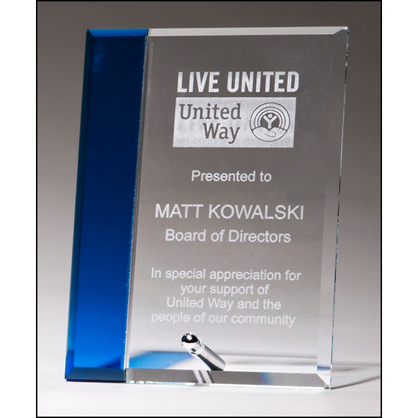 Clear glass award with sapphire blue highlight, silver plated easel post.