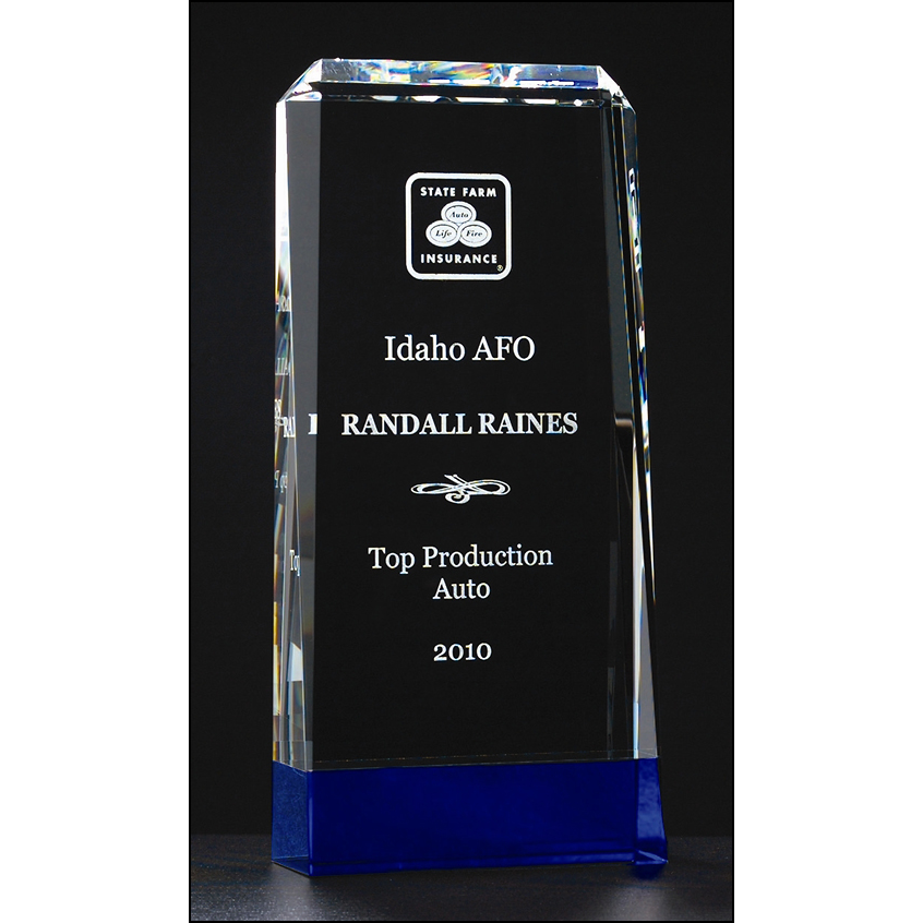 Premium Series clear crystal trophy with cobalt blue crystal base.