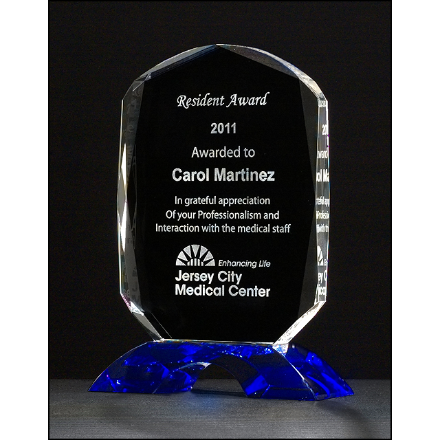 Diamond Series clear crystal award with cobalt blue crystal base.