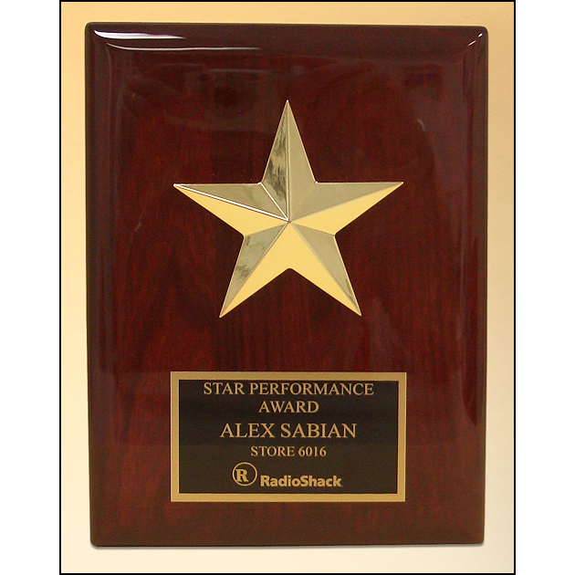 Star casting with gabled points Goldtone finish on rosewood piano-finish plaque.