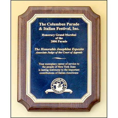 Walnut stained piano-finish plaques with sapphire marble center and florentine border engraving plates.