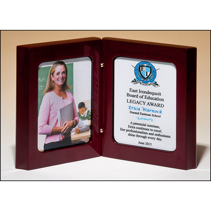 High gloss rosewood stained book award. Two white sublimatable plates allow four-color reproduction.