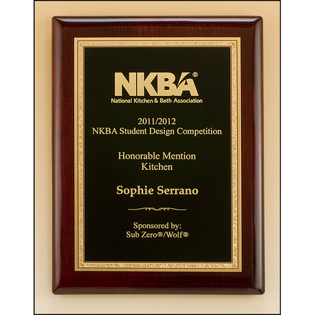 Rosewood piano-finish plaque featuring a gold florentine border with textured black center engraving plate.