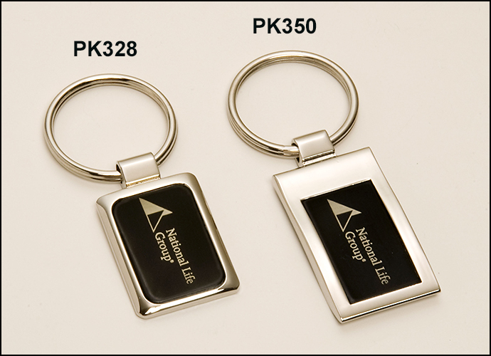 Chrome plated key ring with black aluminum engraving plate.