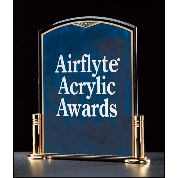 Marble Design Series 3/16" thick sapphire acrylic award on a gold metal base with columns.