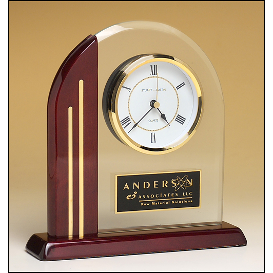 Arch clock with glass upright and rosewood piano-finish post and base.