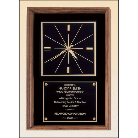 American walnut wall clock that can hang in either a vertical or a horizontal position.