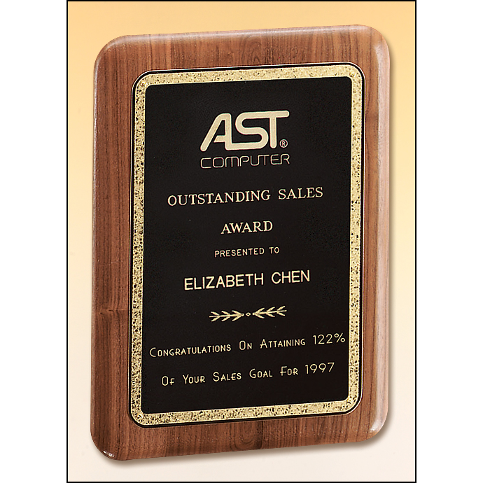 Solid American walnut plaque with a precision elliptical edge and a black brass plate with gold florentine border.