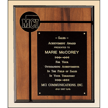 Solid American walnut plaque with furniture finish and a 2 1/2" diameter brass disc.