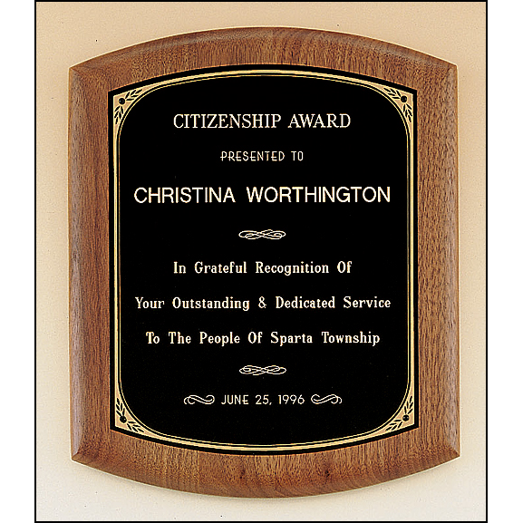 Solid American walnut plaque with a black brass plate with printed border.