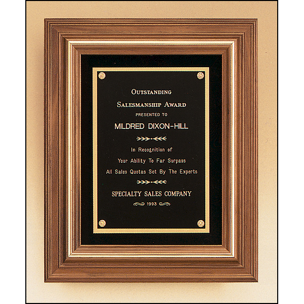 Solid American walnut framed plaque with gold trim and choice of velour background.