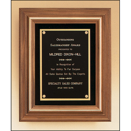 Solid American walnut framed plaque with gold trim and choice of velour background.