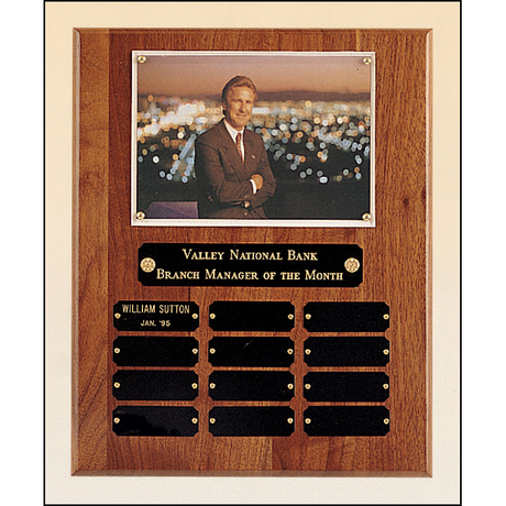 American walnut perpetual photo plaque with 12 plates.