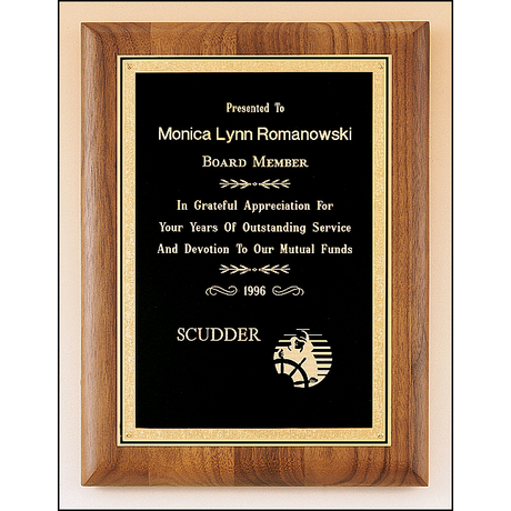 Solid American walnut plaque with engraving plate with florentine border and black textured center.