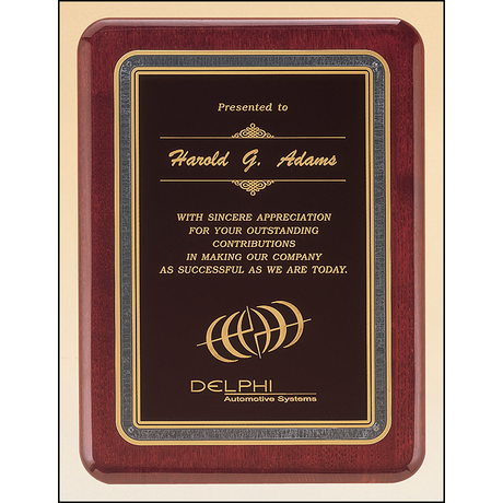 Rosewood stained piano finish plaque with black florentine border and black textured center.