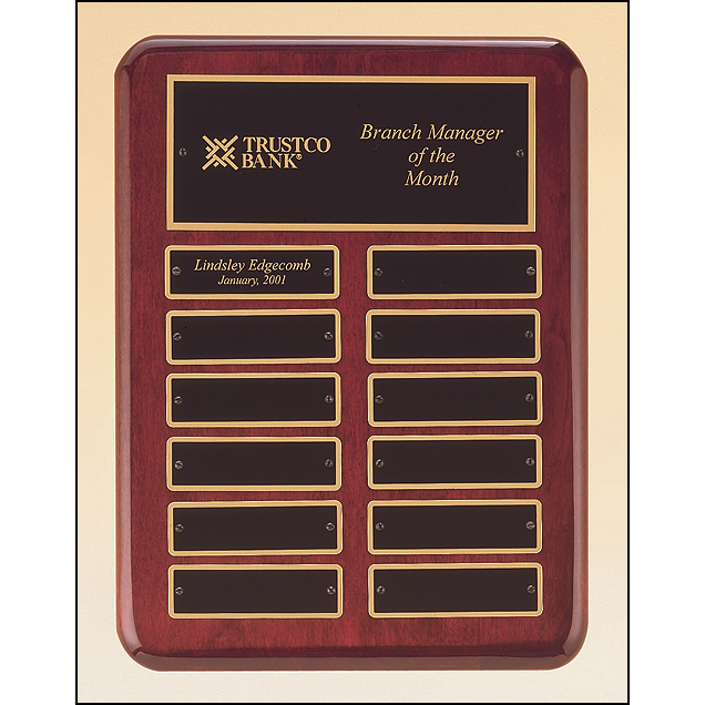 Rosewood stained piano finish perpetual plaque with 2 plate combinations.