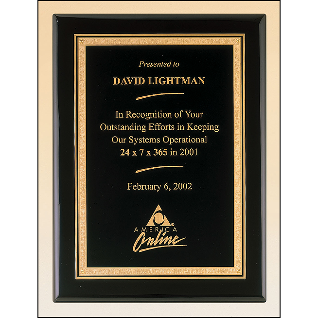 Black stained piano finish plaque with a black textured center plate and florentine border.
