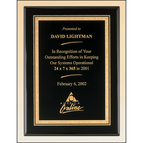 Black stained piano finish plaque with a black textured center plate and florentine border.
