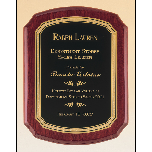 Rosewood stained piano finish plaque with a black textured center plate and florentine border.
