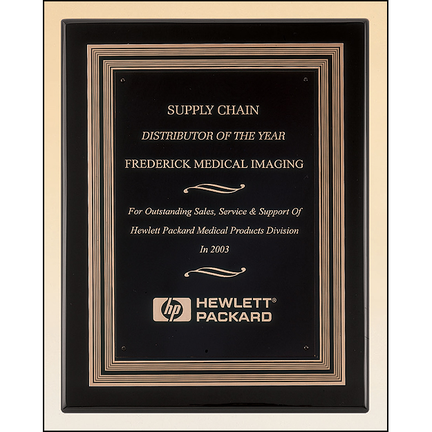 Black stained piano finish plaque with a black and gold embossed back plate and black brass engraving plate.